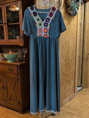 SHEIN Teal Maxi Dress with Multicolor Crochet V-Neck